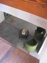 Looking down on some chairs and a table