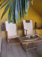 2 chairs sat behind a table, with a palm frond in the foreground